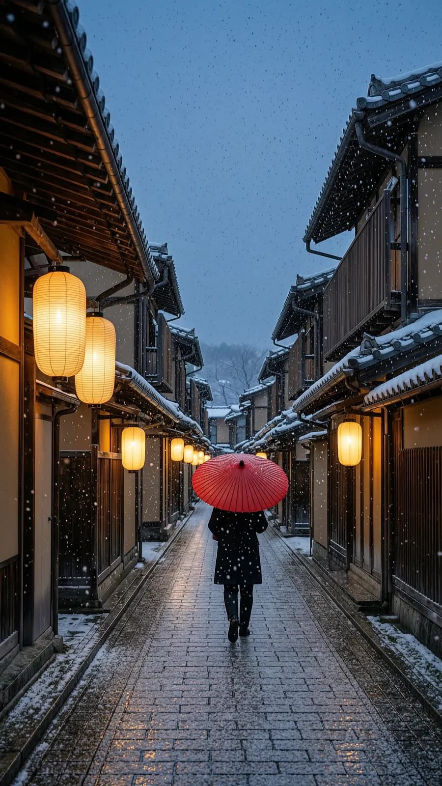 Narrow Kyoto street at blue hour in falling snow, paper lanterns glowing amber, a figure with a red umbrella walking away, snow settling on tiled roofs, cinematic, photoreal, quiet atmosphere